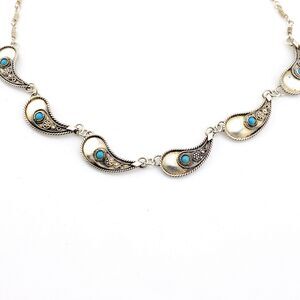 Vintage Paisley Link Turquoise Glass Cabochon Sterling Silver Necklace 16.5 In